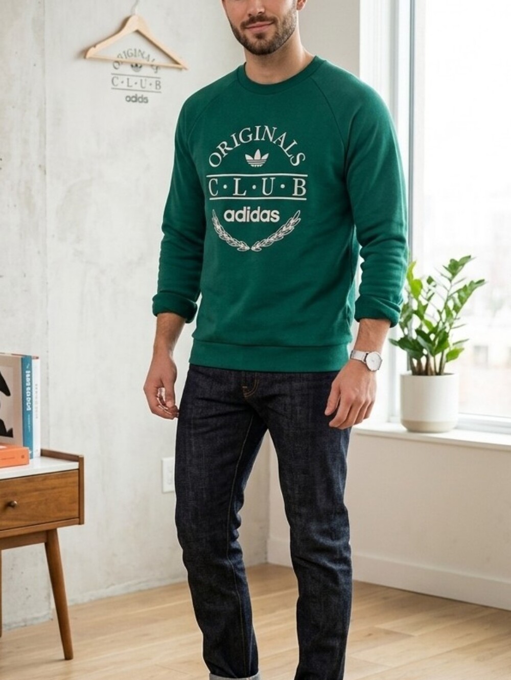 Vintage Inspired Adidas Originals Club Crew Neck Sweatshirt - Forest Green Men's
